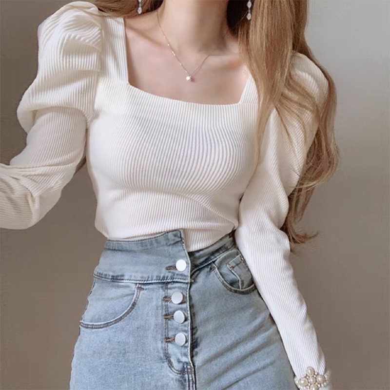Áo kiểu cổ vuông tay phồng dài mẫu mới siêu đẹp len tăm quảng châu cao cấp
