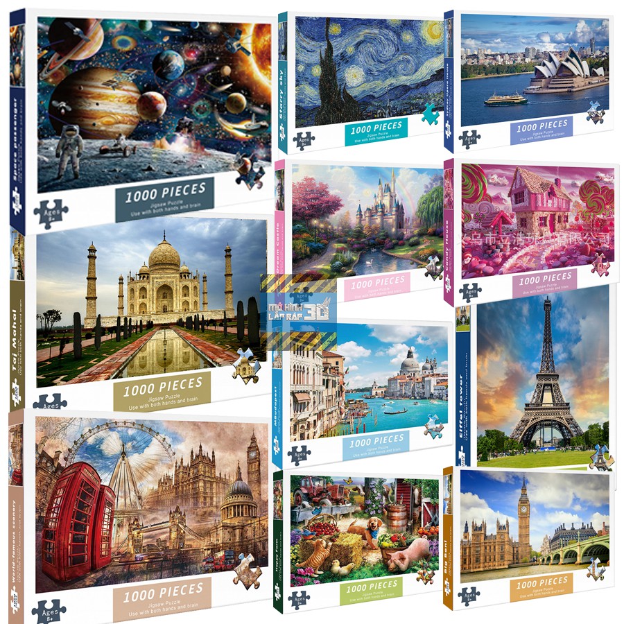 Bộ tranh ghép hình 1000 mảnh Tháp Eiffel, Big Ben, Tranh Van Gogh, Hệ mặt trời – Tranh ghép hình kích thước lớn 75*50cm