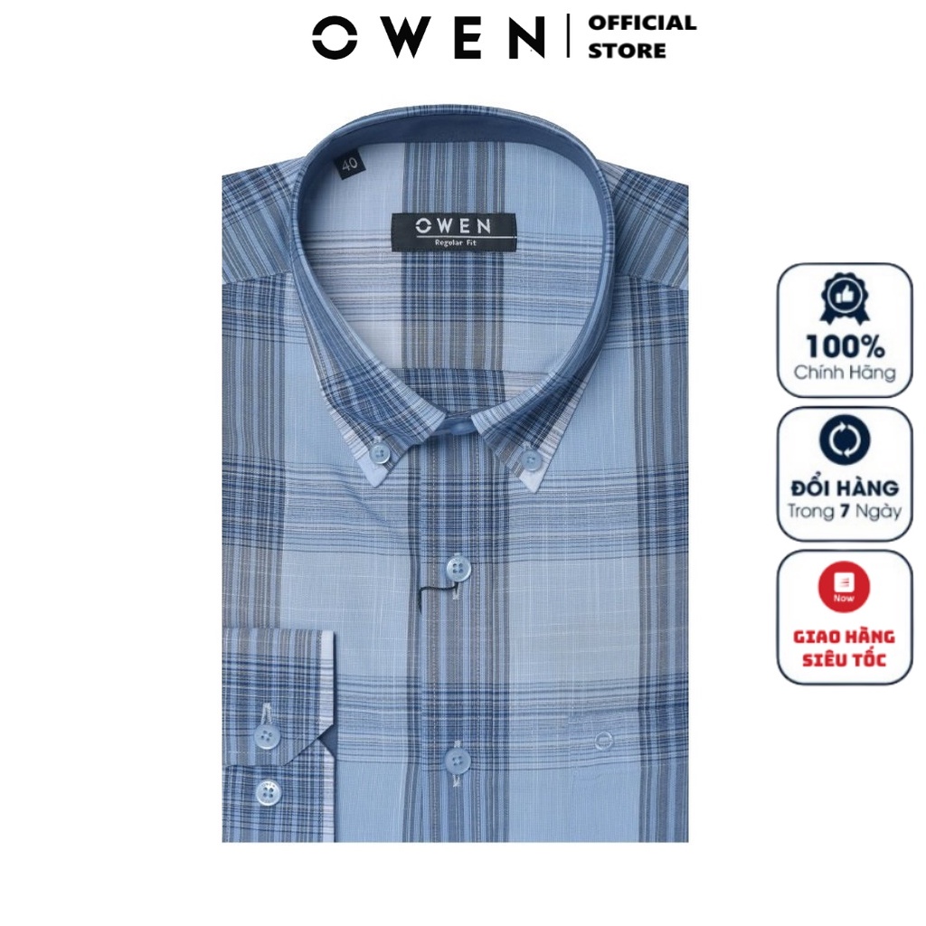 Áo Sơ Mi Nam Dài Tay OWEN AR220142DT Somi Công Sở  Vải Sợi Tre Cao Cấp Màu Kẻ Caro Trắng Xanh Dáng Suông Tà Lượn Có Túi