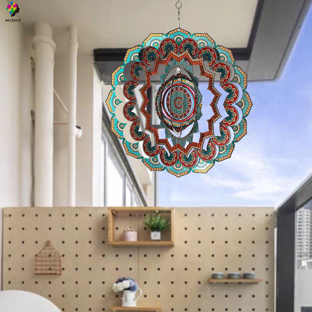 MIOSHOP Crafts Mandala Wind Spinner Yard Art 3D Stainless Steel Garden Colorful Ornaments Outdoor Hanging Decorations