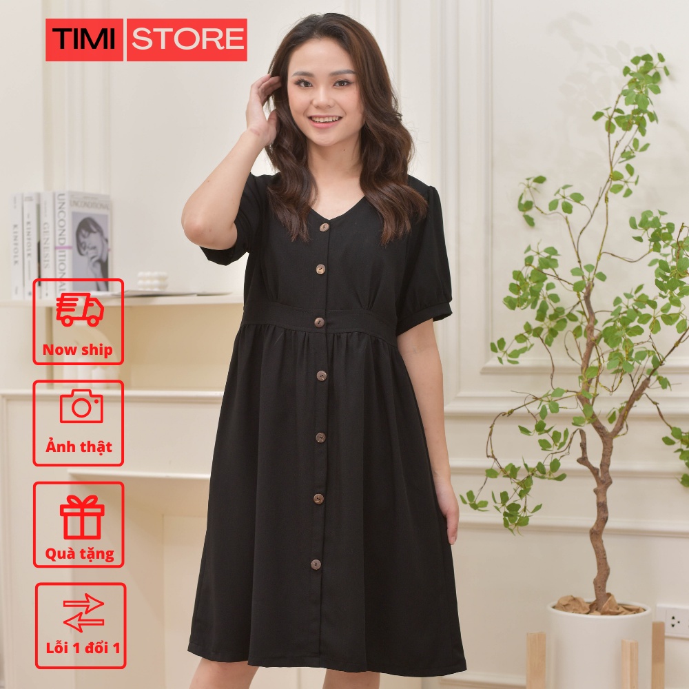Đầm Bầu Thiết Kế-Váy Suông TiMi màu đen phối đai eo vổ V tay cộc chất vải lụa size 40-100kg TM014