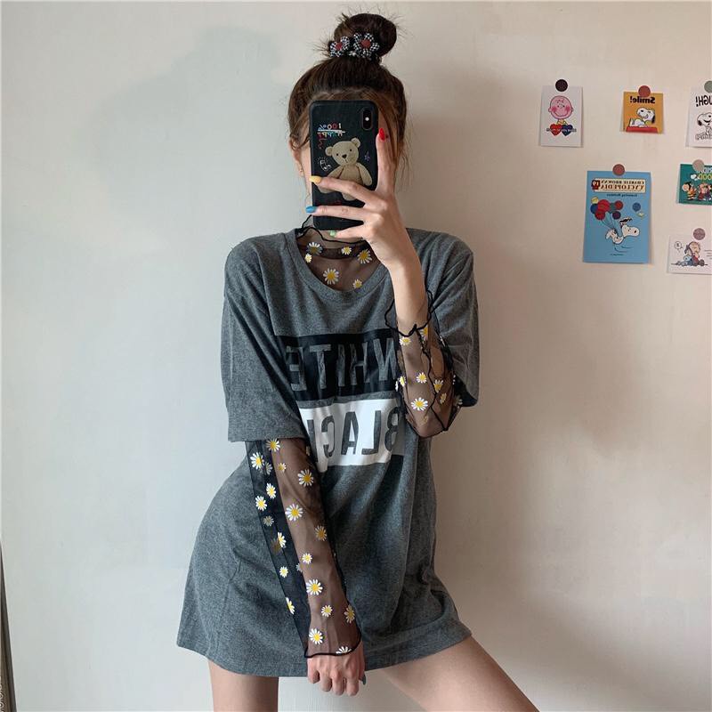 ÁO LƯỚI DÀI TAY HÌNH HOA CÚC NHÍ FORM RỘNG - SET ÁO VOAN LƯỚI + ÁO 2 DÂY TRẮNG ĐEN