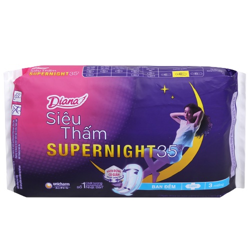 Băng vệ sinh ban đêm Diana siêu thấm Super night 35cm - bvs ban đêm 3 miếng 1 gói