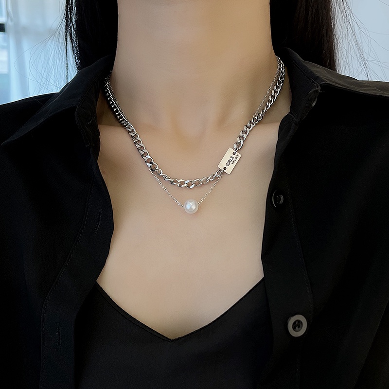 Vòng cổ Hai Lớp Ngọc Trai Mặt Vuông Phong Cách Harajuku Hiphop