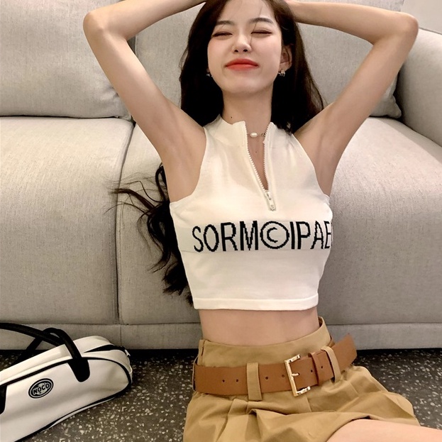 Áo dệt kim ZHELIHANGFEI sát nách hở eo phối khóa kéo thời trang cá tính cho nữ