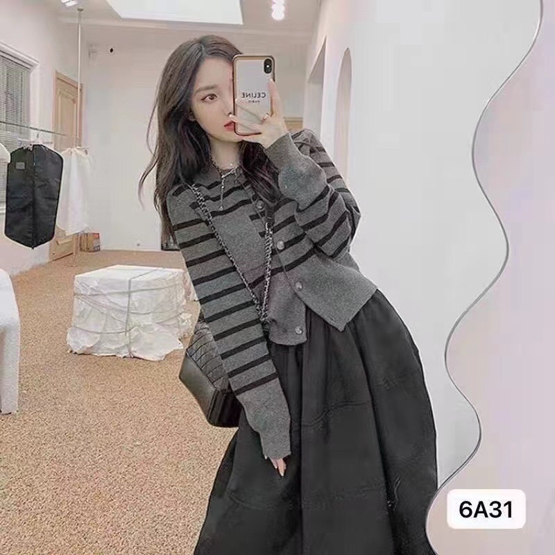 Áo khoác len nữ dệt kim sọc ngang có nút