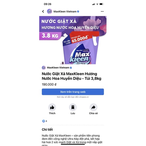 Nước giặt xả quần áo 2in1 MAXKLEEN 3,8kg