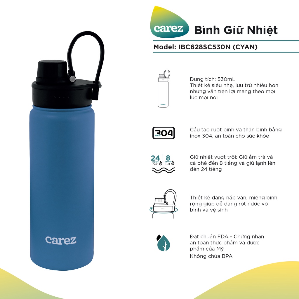 Bình Giữ Nhiệt Carez 530ml IBC628SC530N – Màu Xanh Cyan