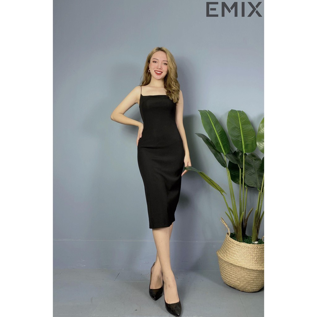 Váy body 2 dây sợ bún EMIX (màu đen), maxi, dáng dài, ôm, vải thun, mềm mại, siêu co giãn, không xù, mix gì cũng hợp