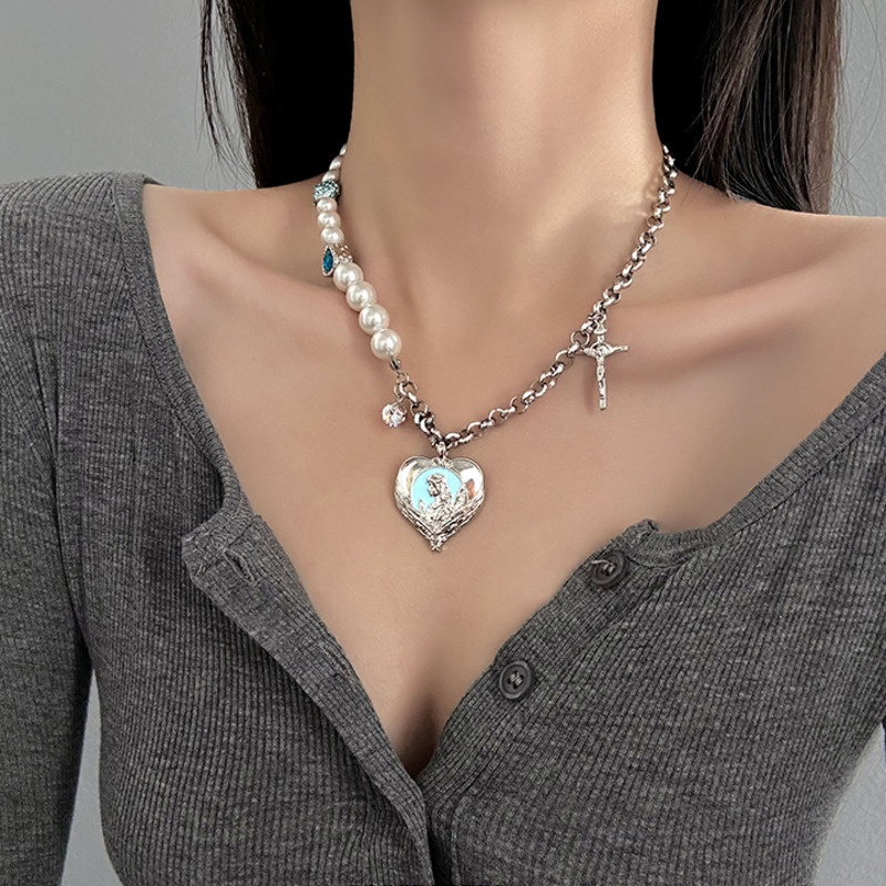 Dây chuyền chuỗi hạt ngọc trai giả phối thánh giá phong cách vintage 19A1065