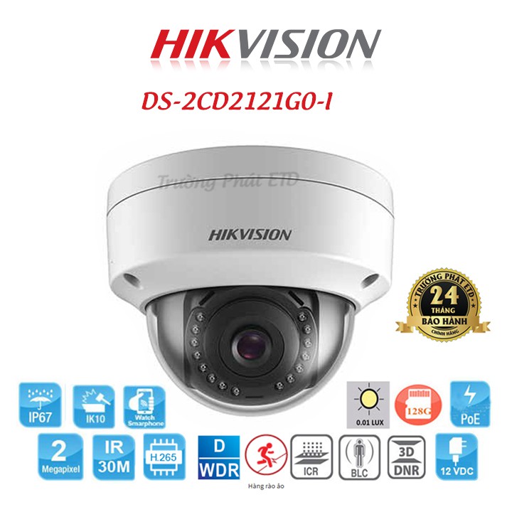 Camera IP Dome Hồng Ngoại 2.0 Megapixel HIKVISION DS-2CD2121G0-I - Hàng Chính Hãng