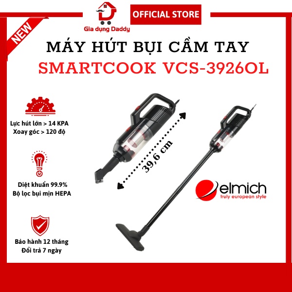 Máy hút bụi cầm tay mini không dây Smartcook VCS-3926OL, Lực hút mạnh Bộ lọc HEPA loại bỏ 99% bụi mịn Bảo hành 12 tháng