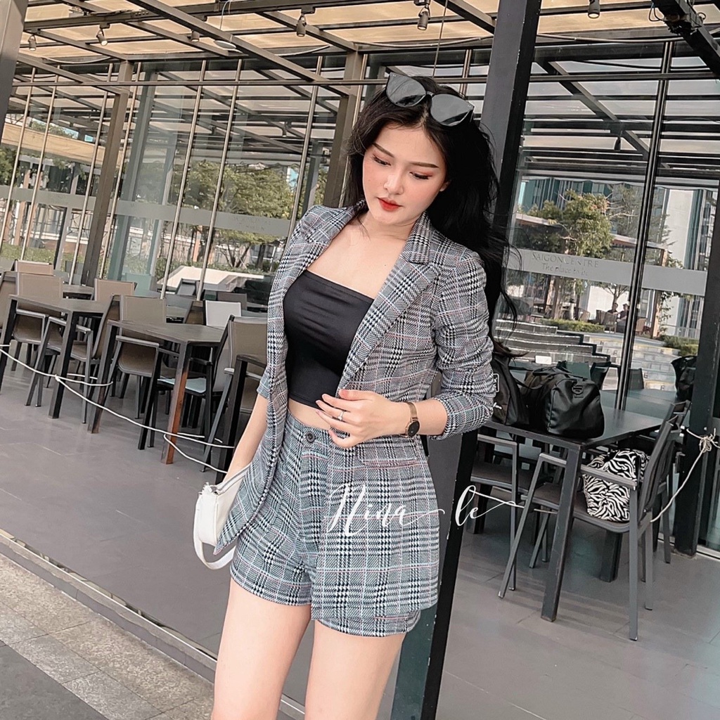 Sét bộ nữ áo vest tay dài áo 2 dây xịn xò kèm quần đùi sọc caro sang chảnh, lịch sự thời trang nữ cho nàng dạo phố