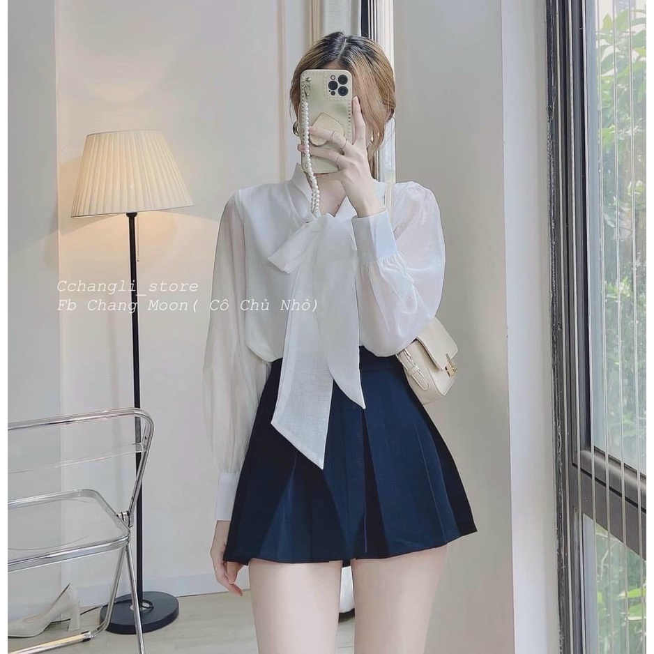 Áo sơ mi nữ cột nơ 2 màu trắng be chất đẹp 2 lớp