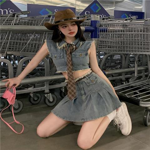 JSC Set Áo Váy Denim Chữ a Lưng Cao Phong Cách Hong Kong Thời Trang Mùa Hè Hàng Mới Dành Cho Bạn Nữ