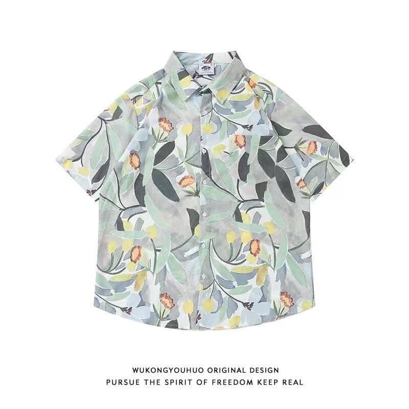 Áo Sơmi Hoa Mùa Hè Tay Lửng Unisex