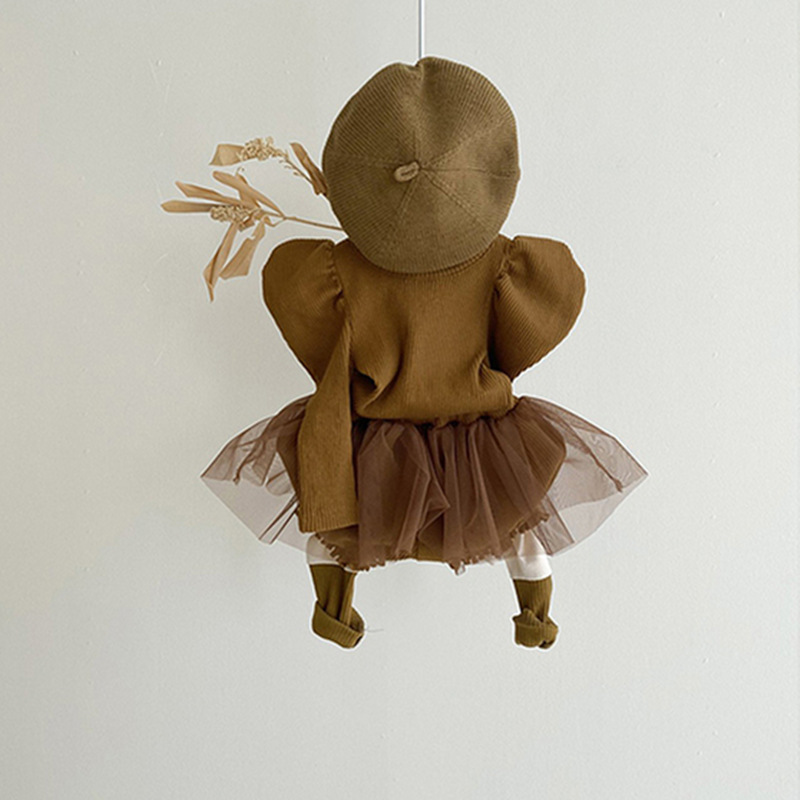 Áo thun màu trơn dài tay / quần culotte vải lưới xòe thời trang mùa thu cho bé gái