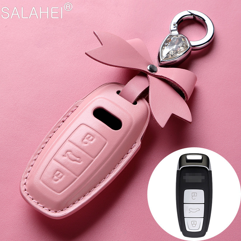 Car Leather Smart Key Cover Case Shell For Audi A6 A7 A8 Q8 E-tron C8 D5 A8L A6L 2018 2019 Car Styling Accessories Keychain