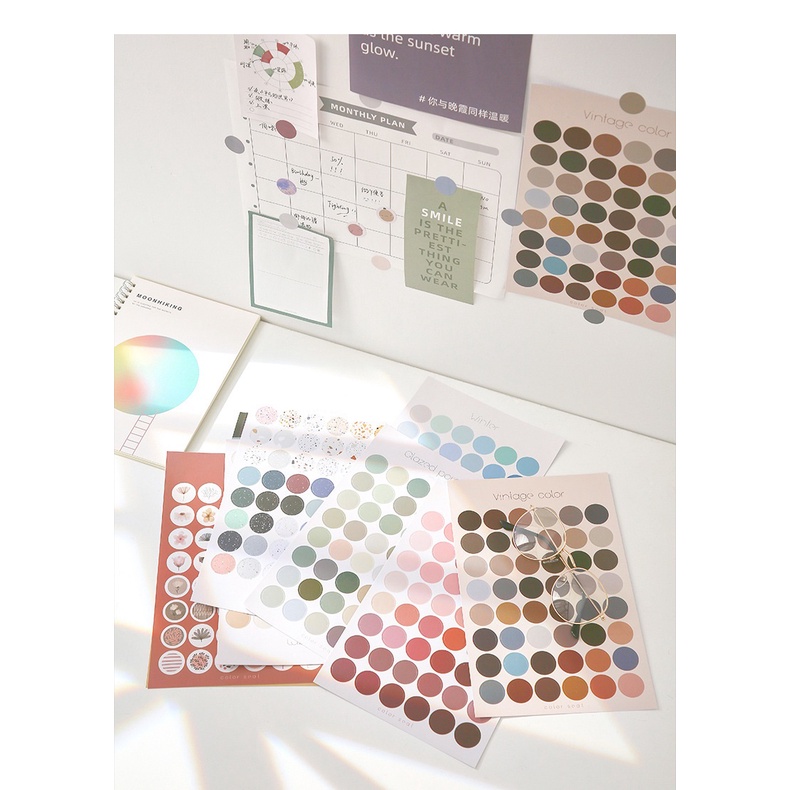 Set 48 Sticker Tròn Chấm Bi Nhiều Màu Cổ Điển Morandi Vintage Pastel Trang Trí Sổ Sách Vở Bullet Journal