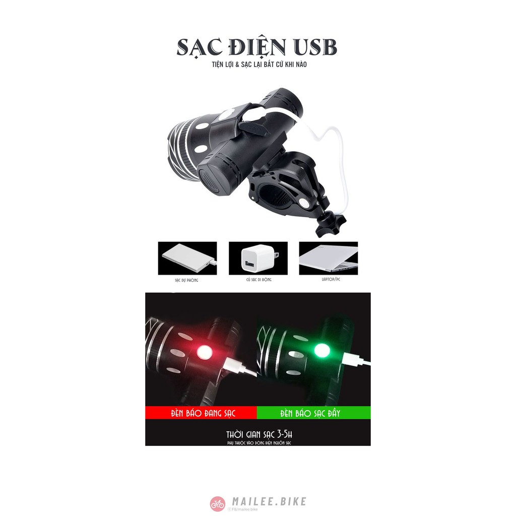 Combo Đèn Pha Trước Xe Đạp Siêu Sáng Chống Nước Sạc Điện Usb + Đèn Led Đuôi Cảnh Báo Sau Cho Xe Đạp 4 Chế Độ Sáng