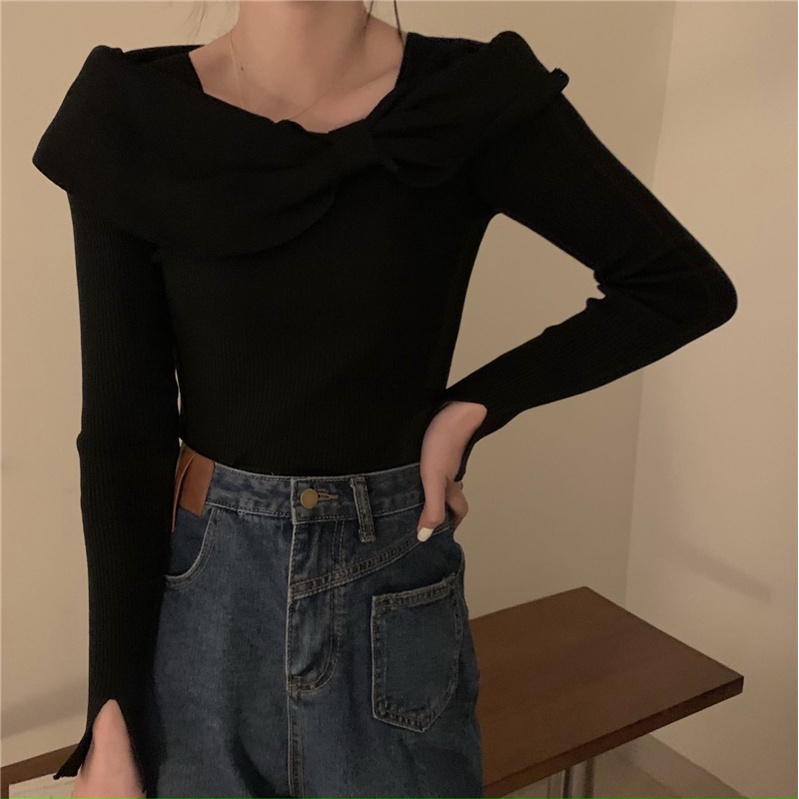 Áo sweater dệt kim dài tay dáng ôm đính nơ quyến rũ cho nữ