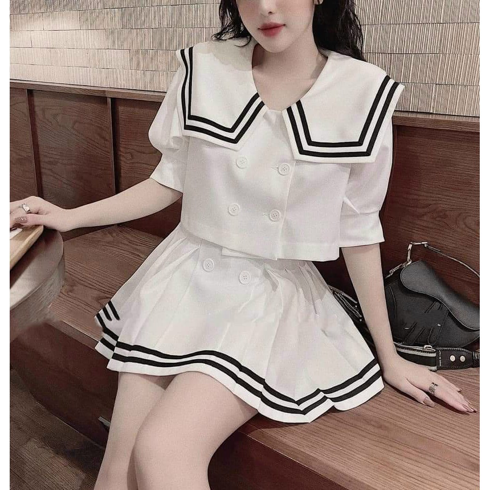Set áo thủy thủ cài 4 nút mix chân váy xếp ly viềng trắng đen dễ thương