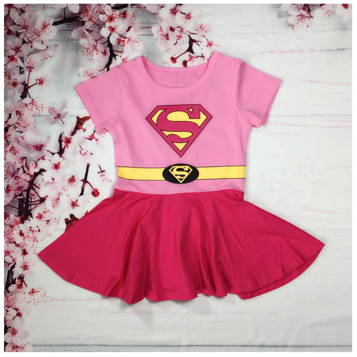 Đầm siêu nhân supergirl bé gái kèm áo choàng từ 9-26kg- thun cotton thấm hút mồ hôi, hình không bong tróc