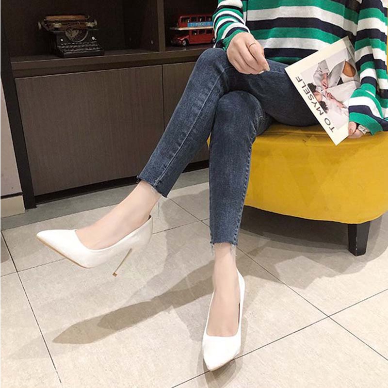 Giày Cao Gót Mũi Nhọn Chất Liệu Satin Thời Trang Công Sở Thanh Lịch Cho Nữ