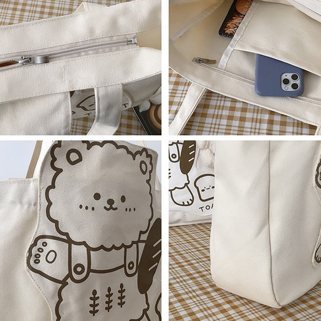 [Ảnh thật] Túi Khoác Vai Canvas Nữ ERASHOP 078358 - Gấu Toast Cute Dễ Thương Rẻ Đẹp