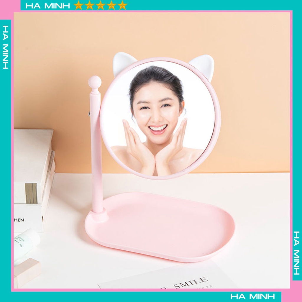 Gương trang điểm để bàn tai mèo xoay 360 độ có khay để trang sức đáng yêu