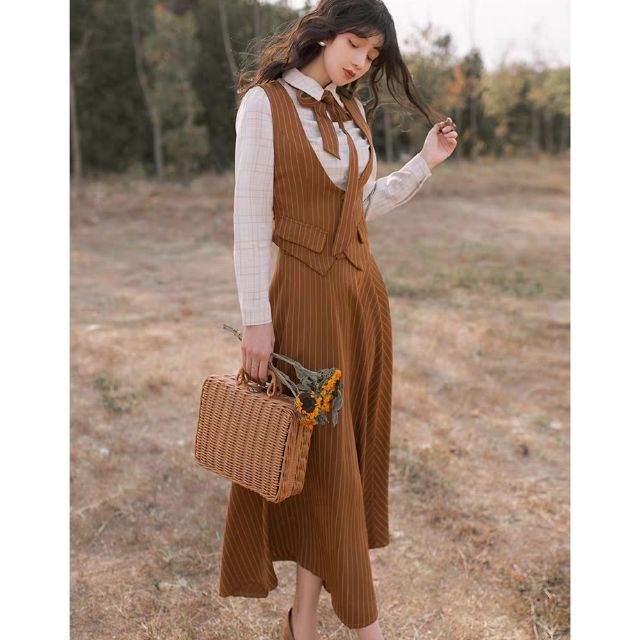 Set 3 món kẻ nâu Vintage gồm Áo sơ mi + Áo vest + Chân váy xòe kẻ nâu dáng dài Ulzzang siêu xinh
