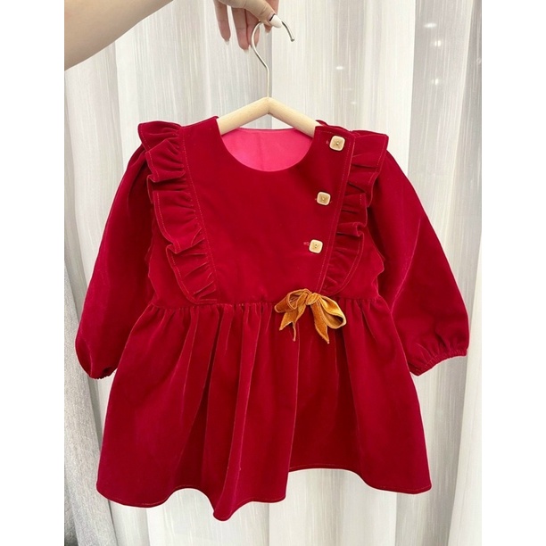 VÁY NHUNG ĐỎ BG VIỀN BÈO ĐÍNH NƠ