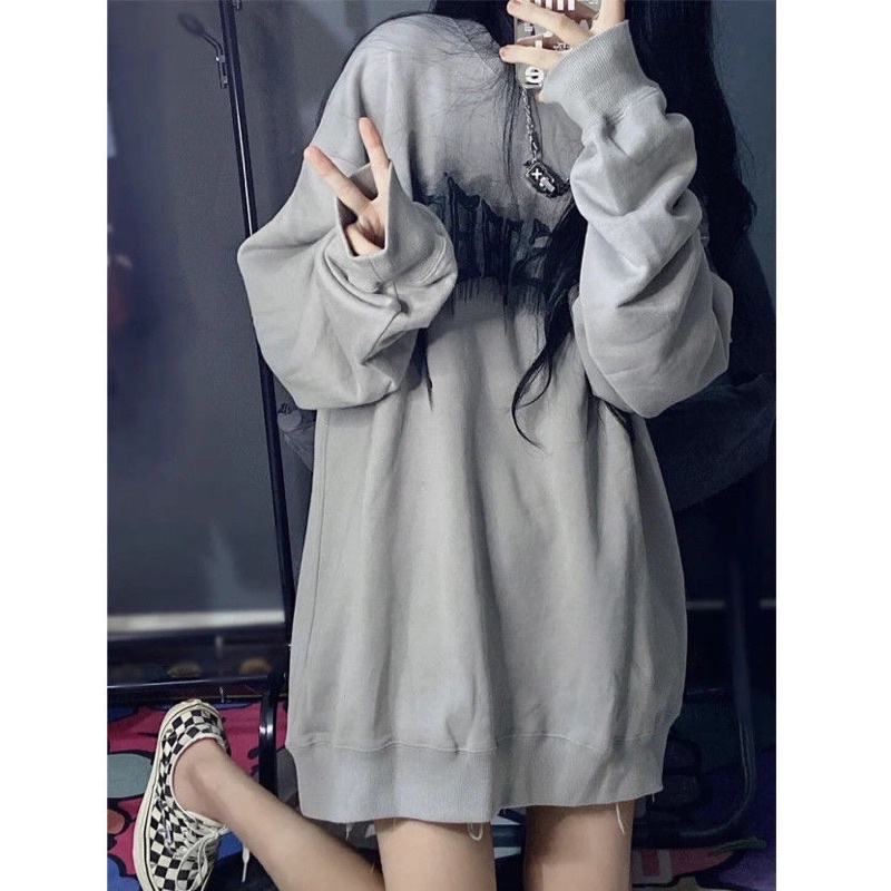 Áo nỉ bông Áo sweater xám hoạ tiết thêu phong cách hàn quốc