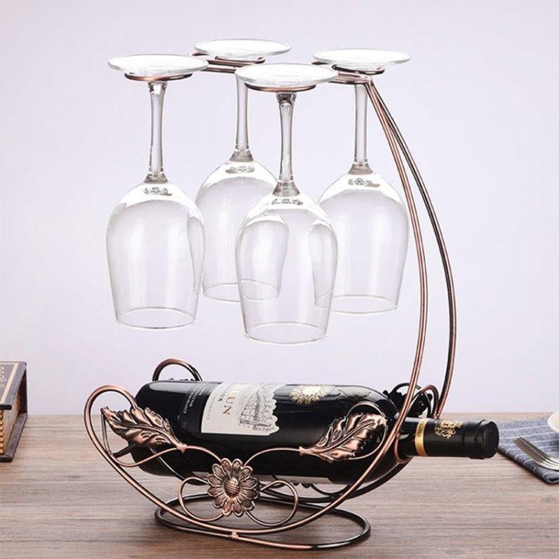 Kệ Để Rượu kèm giá treo 4 ly - Giá Để Rượu Vang có móc treo 4 ly Bằng Kim Loại