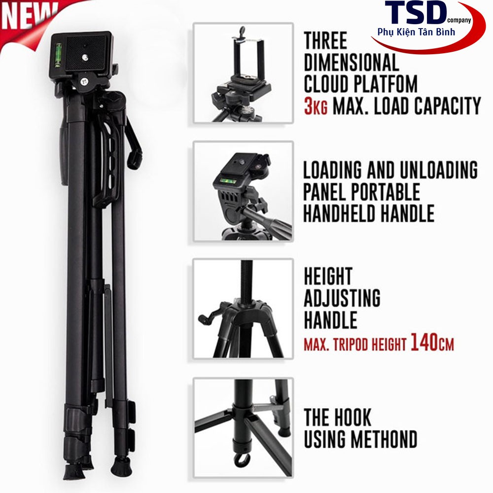 Combo Tripod 3 Chân 3366 Cho Điện Thoại, Máy Ảnh Tặng Kèm Remote &amp; Kẹp