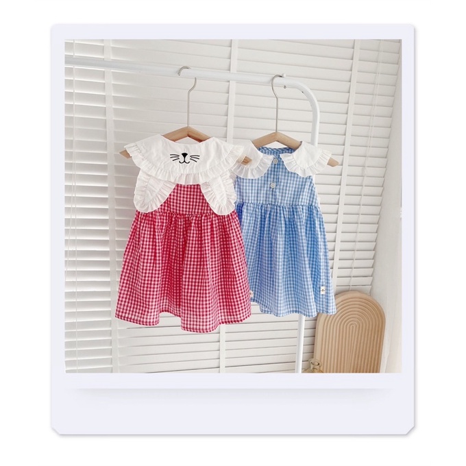 Váy hè sát nách caro tai thỏ chất thô cotton mỏng cho bé gái 0-5 tuổi
