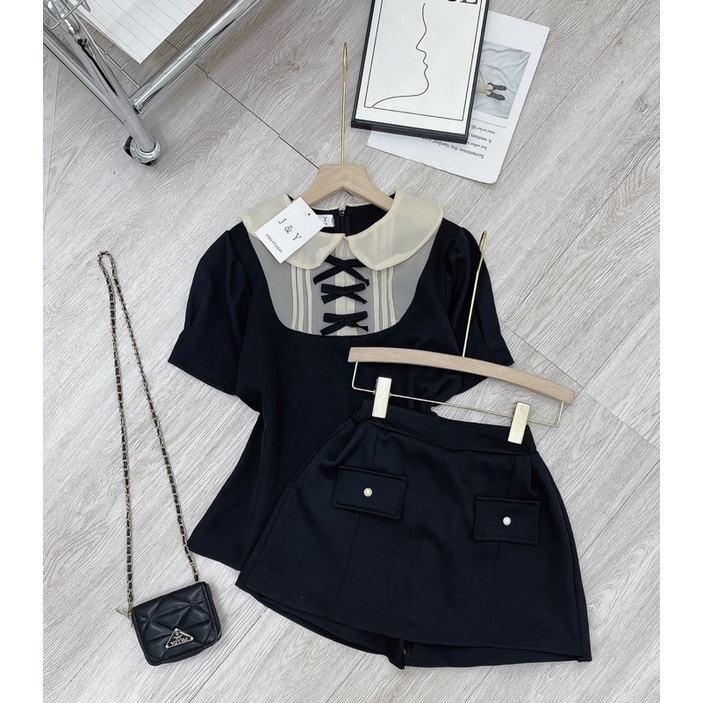 [ 𝐅𝐑𝐄𝐄 𝐒𝐇𝐈𝐏 ]  SÉT SƠ MI CỔ BÈO NƠ MIX C QUẦN ĐÙI  CÚC GIẢ VÁY HÀNG L1 Ạ