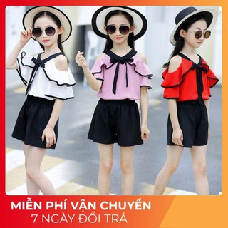 Bộ bé gái hở vai nhún bèo nơ điệu đà - dg001