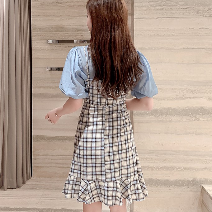 Set Áo Thun Ngắn Tay Và Đầm Yếm Sọc Ca Rô Thời Trang Đáng Yêu Cho Nữ | BigBuy360 - bigbuy360.vn