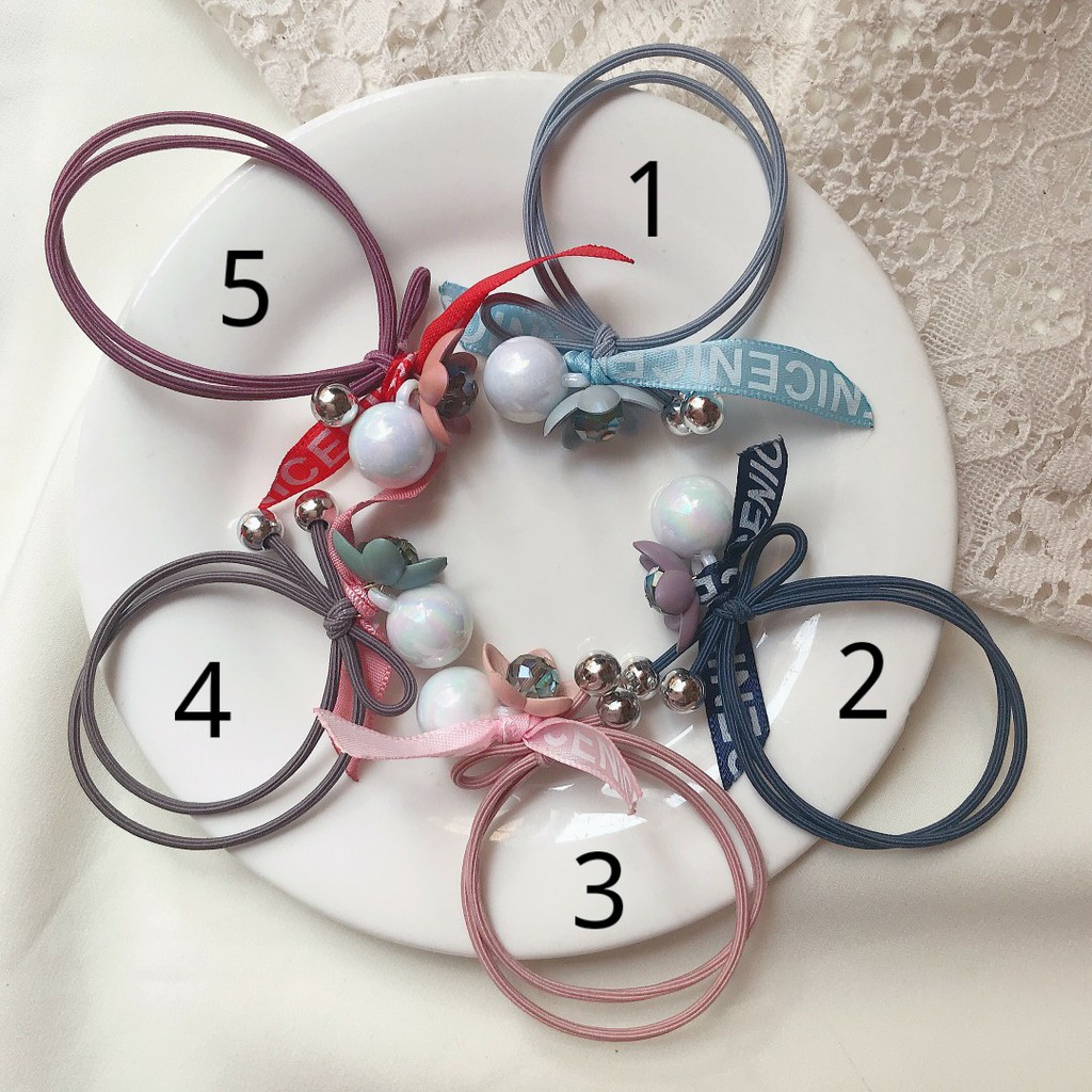 [XẢ LỖ MÙA DỊCH] Buộc tóc ruy băng chữ phối hạt giả ngọc trai và hoa pha đính hạt pha lê Hàn Quốc xinh xắn