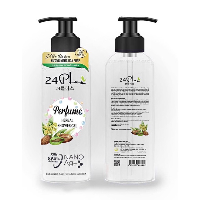 Gel Tắm Thảo Dược Hương Nước Hoa Pháp 24 PLUS Chai 850ml/ Trắng (CHÍNH HÃNG)