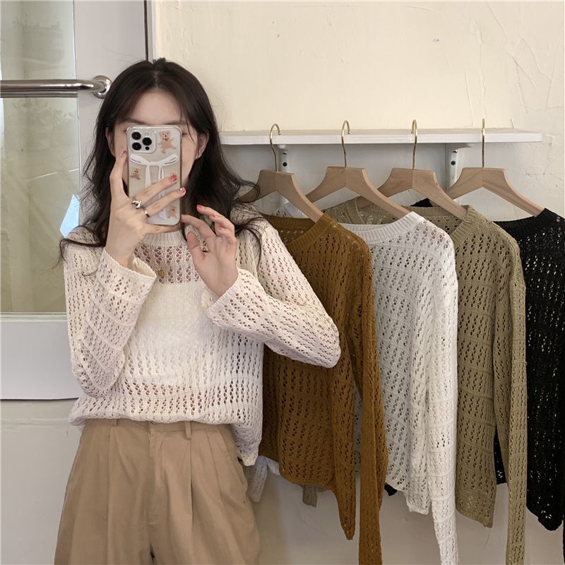 Áo Dệt Kim Tay Dài Cổ Tròn Dáng Rộng Phong Cách Hàn Quốc Thời Trang Mùa Thu Cho Nữ