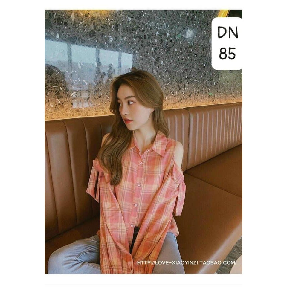 ❤️ Áo sơ mi hồng caro trễ vai cột nơ qc