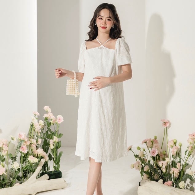 MEDYLA - Đầm bầu dự tiệc mùa hè thiết kế ren trắng cổ dây V đính nơ đá cho bầu đi chơi du lịch dự tiệc - VS1062