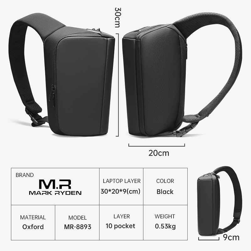 Túi đeo chéo Mark Ryden có khóa kéo YKK bằng vải Oxford với cổng sạc USB thời trang cho nam