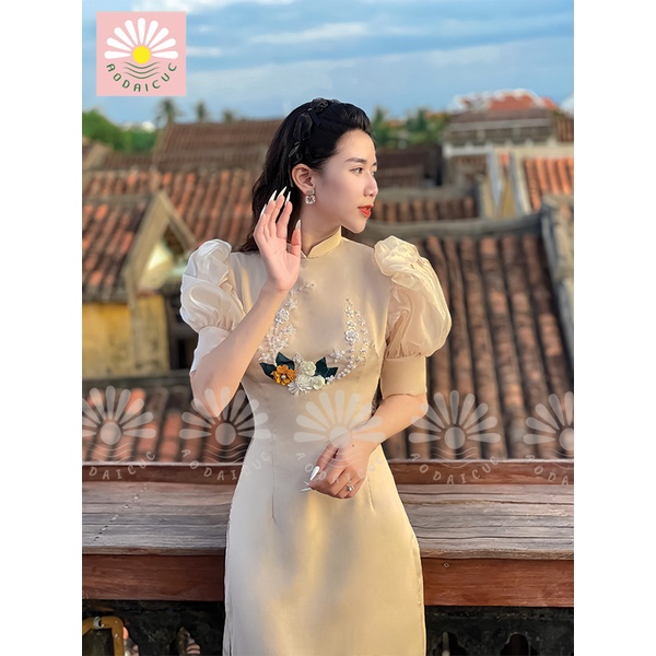 Áo dài lụa tây thi tay bồng đính hoa ngực thời trang cao cấp