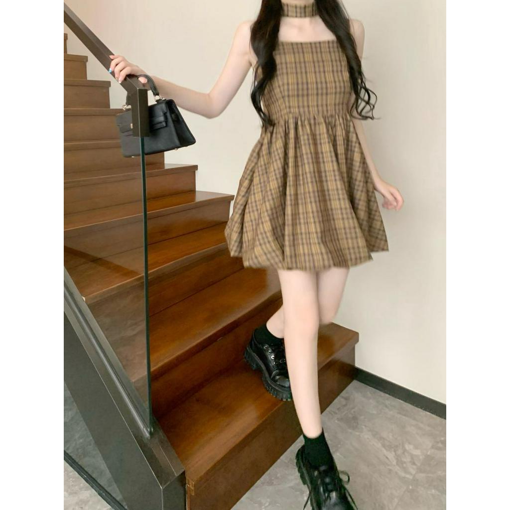 Đầm Hai Dây Ngắn Họa Tiết Sọc Caro Phong Cách vintage Gợi Cảm Cho Nữ