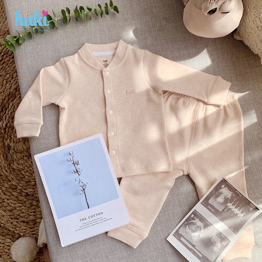 HAKI_Bộ quần áo thu đông cài giữa bo cổ Melange Cotton cao cấp cho bé BC004
