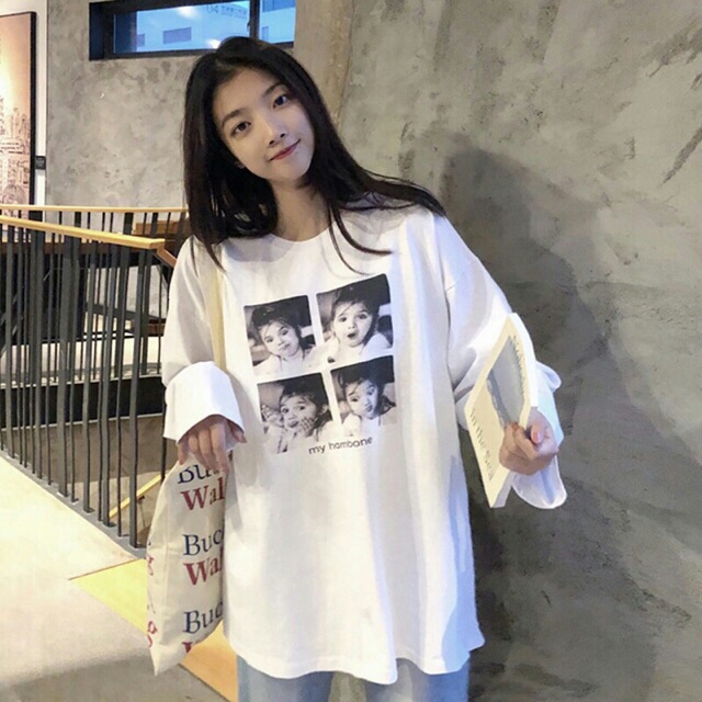 Áo thun tay dài dáng rộng in trắng đen hambone | BigBuy360 - bigbuy360.vn