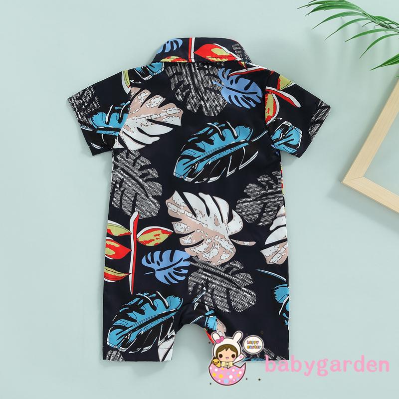Bộ Áo Liền Quần Tay Ngắn Cổ Bẻ In Họa Tiết Lá Đính Nơ Thời Trang Mùa Hè Cho Bé Trai 0-18 Tháng Tuổi
